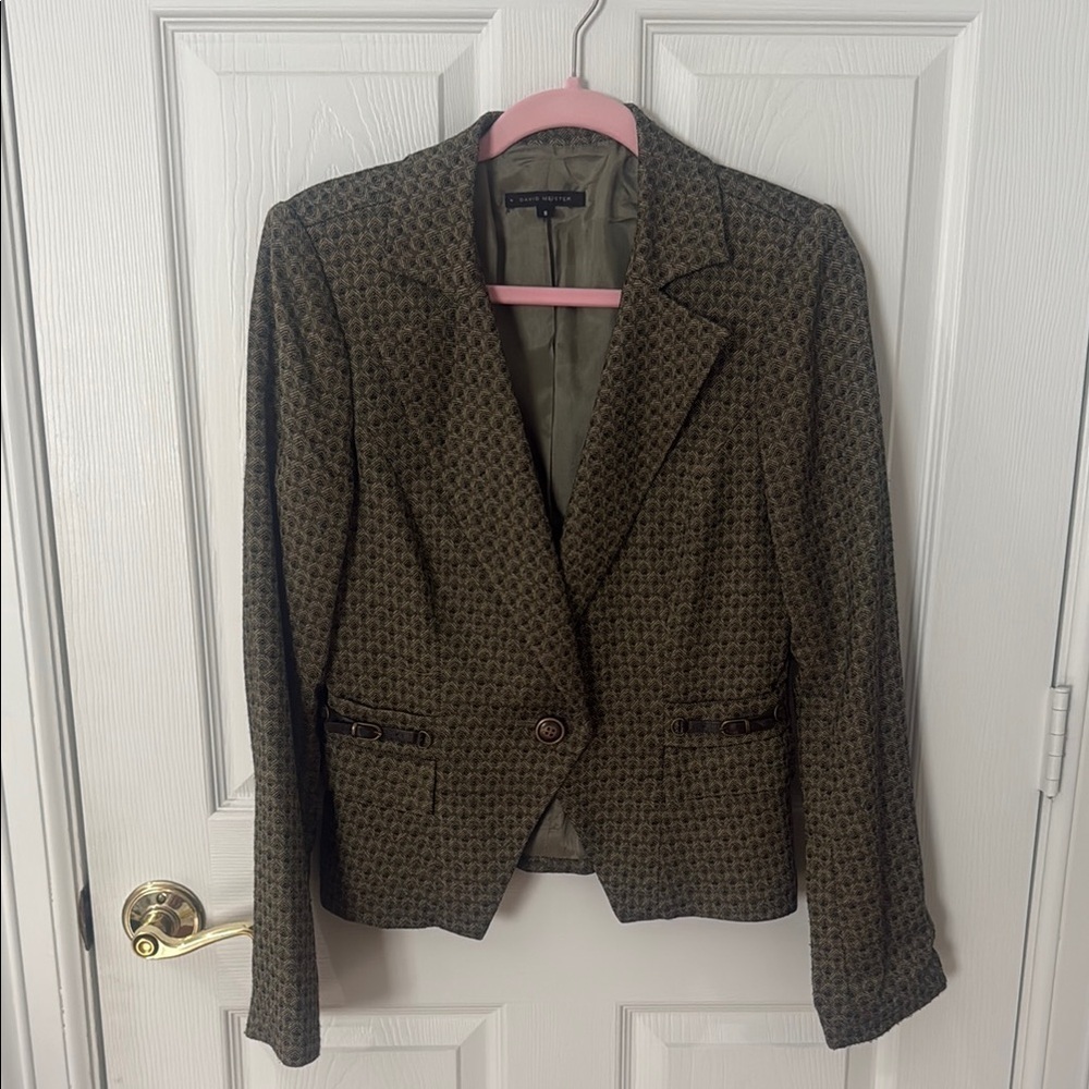 David Meister olive green Blazer with Notched Lapels and leather accent size 8